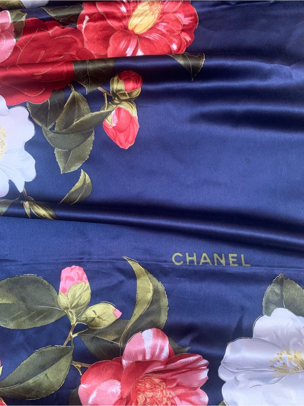 CHANEL SILK LARGE SCARF WRAP NAVY COCO GARDENIA FLORAL